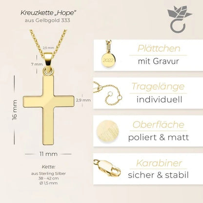 AMOONIC Kreuz Kette "Hope" Kreuzanhänger in 333 Gelbgold - Kinder-Schmuck (individuell anpassbare Halskettenlänge)