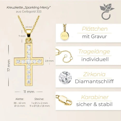 AMOONIC Kreuz Kette "Sparkling Mercy" Kreuzanhänger in 333 Gelbgold mit 12 Zirkonia Steinen - Kinder-Schmuck (individuell anpassbare Halskettenlänge)