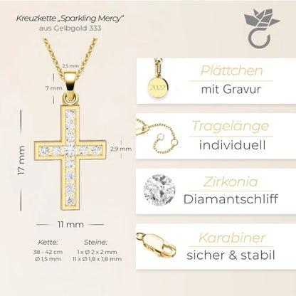 AMOONIC Kreuz Kette "Sparkling Mercy" Kreuzanhänger in 333 Gelbgold mit 12 Zirkonia Steinen - Kinder-Schmuck (individuell anpassbare Halskettenlänge)