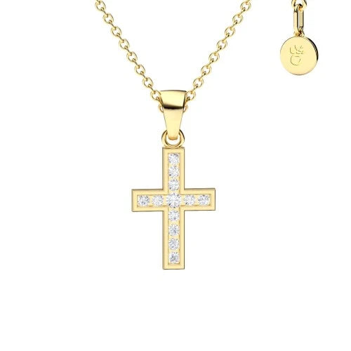 AMOONIC Kreuz Kette "Sparkling Mercy" Kreuzanhänger in 333 Gelbgold mit 12 Zirkonia Steinen - Kinder-Schmuck (individuell anpassbare Halskettenlänge)