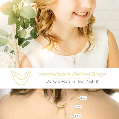 AMOONIC Kreuz Kette "Sparkling Mercy" Kreuzanhänger in 333 Gelbgold mit 12 Zirkonia Steinen - Kinder-Schmuck (individuell anpassbare Halskettenlänge)