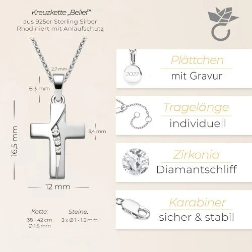 AMOONIC Kreuz Kette "Belief" Kreuzanhänger mit 3 Zirkonia Steinen - Kinder-Schmuck (individuell anpassbare Halskettenlänge)