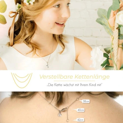 AMOONIC Kreuz Kette "Belief" Kreuzanhänger mit 3 Zirkonia Steinen - Kinder-Schmuck (individuell anpassbare Halskettenlänge)