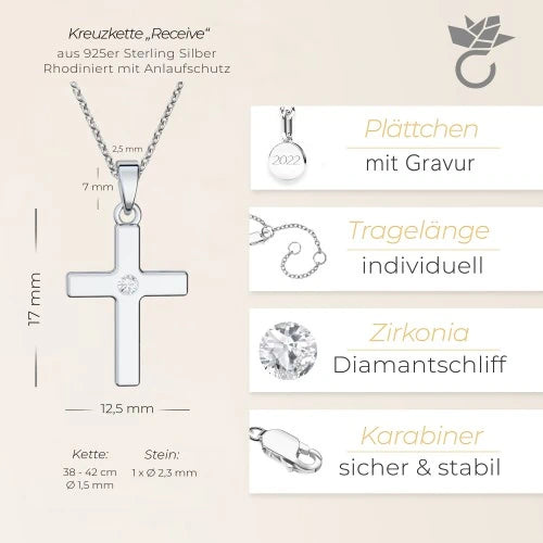 AMOONIC Kreuz Kette "Receive" Kreuzanhänger mit Zirkonia Stein - Kinder-Schmuck (individuell anpassbare Halskettenlänge)