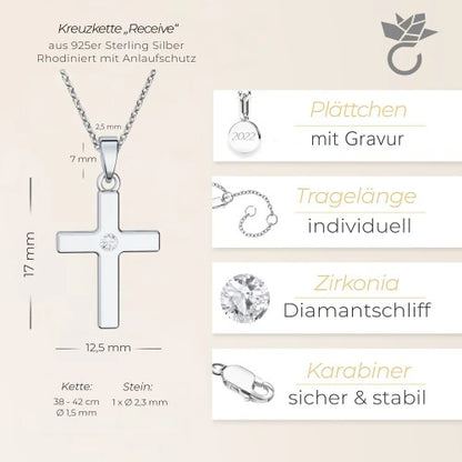 AMOONIC Kreuz Kette "Receive" Kreuzanhänger mit Zirkonia Stein - Kinder-Schmuck (individuell anpassbare Halskettenlänge)