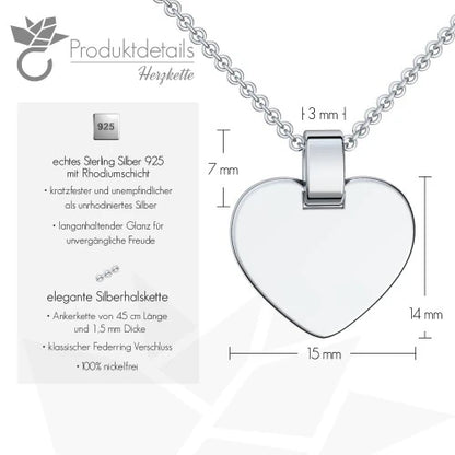 AMOONIC Herzkette "Lovely" Silber 925 Kette mit Herz-Gravurplatte - Anhänger mit Gravur - Muttertag, Valentinstag, Geburtstag & Oktoberfest