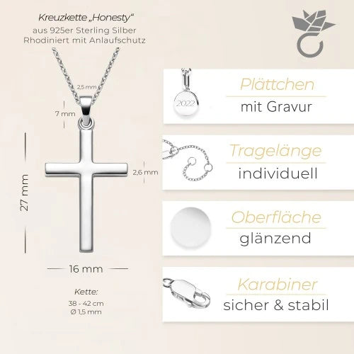 AMOONIC Kreuz Kette "Honesty" individuell gravierbarer Kreuzanhänger - Kinder-Schmuck (individuell anpassbare Halskettenlänge)