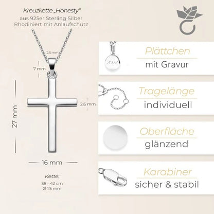 AMOONIC Kreuz Kette "Honesty" individuell gravierbarer Kreuzanhänger - Kinder-Schmuck (individuell anpassbare Halskettenlänge)