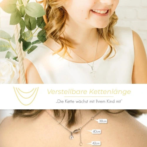 AMOONIC Kreuz Kette "Honesty" individuell gravierbarer Kreuzanhänger - Kinder-Schmuck (individuell anpassbare Halskettenlänge)