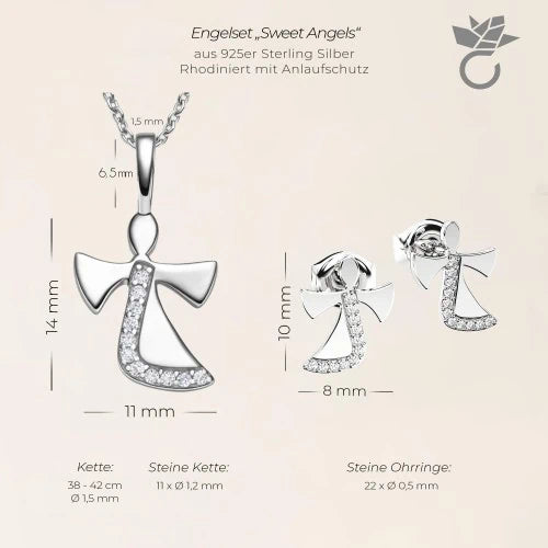 AMOONIC Engel-Set "Sweet Angels" Schutzengel - Talisman - Kinder-Schmuck-Set bestehend aus einer Kette und Ohrsteckern mit Zirkonia Steinen (individuell anpassbare Halskettenlänge)