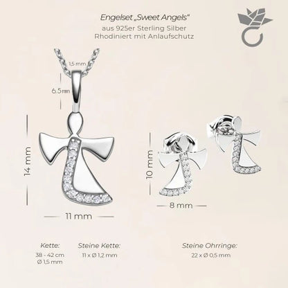 AMOONIC Engel-Set "Sweet Angels" Schutzengel - Talisman - Kinder-Schmuck-Set bestehend aus einer Kette und Ohrsteckern mit Zirkonia Steinen (individuell anpassbare Halskettenlänge)