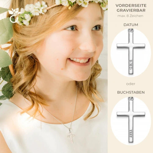 AMOONIC Kreuz Kette "Honesty" individuell gravierbarer Kreuzanhänger - Kinder-Schmuck (individuell anpassbare Halskettenlänge)