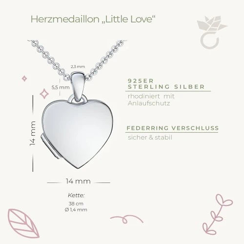 AMOONIC Kindermedaillon "Little Love" 925er Silber vergoldet Herzanhänger aufklappbar und mit Fotos befüllbar mit Gravur