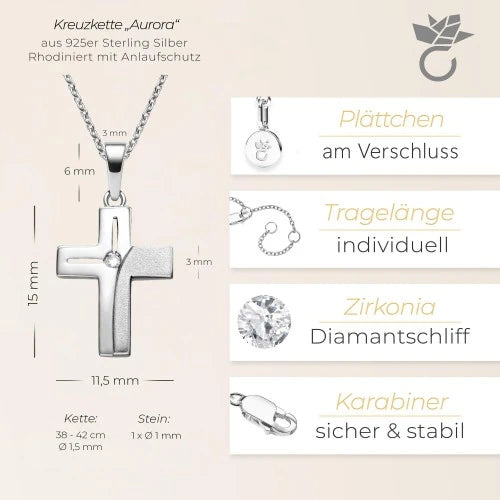 AMOONIC Kreuz Kette "Aurora" Kreuzanhänger mit Zirkonia Stein - Kinder-Schmuck (individuell anpassbare Halskettenlänge)