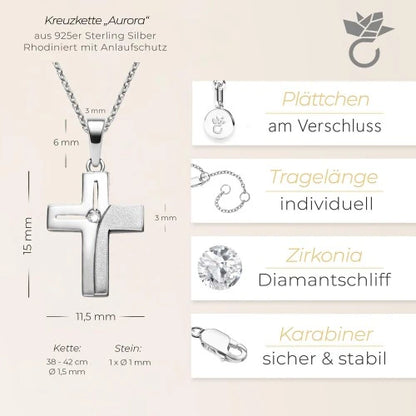 AMOONIC Kreuz Kette "Aurora" Kreuzanhänger mit Zirkonia Stein - Kinder-Schmuck (individuell anpassbare Halskettenlänge)